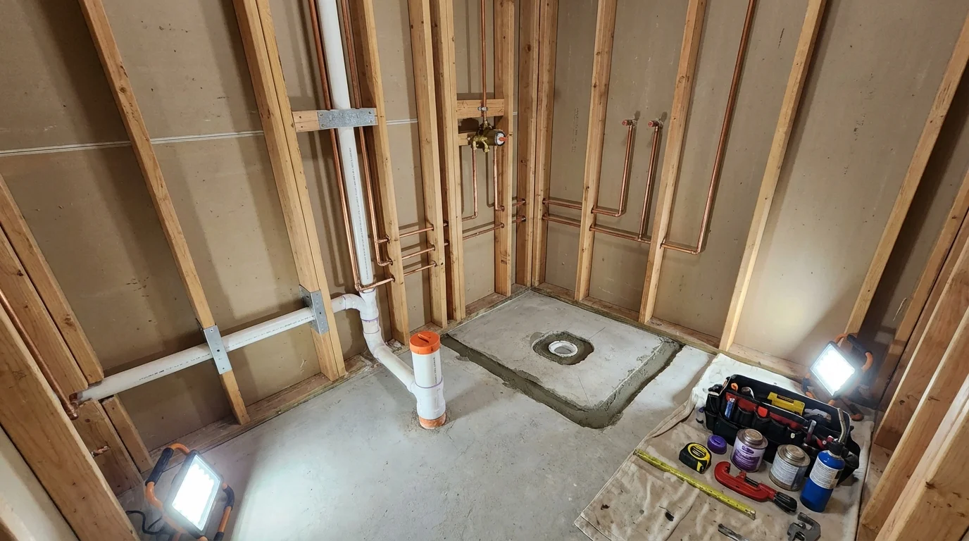 Bathroom rough-in plumbing during remodel by Johns Plumbing LLC in South Berwick