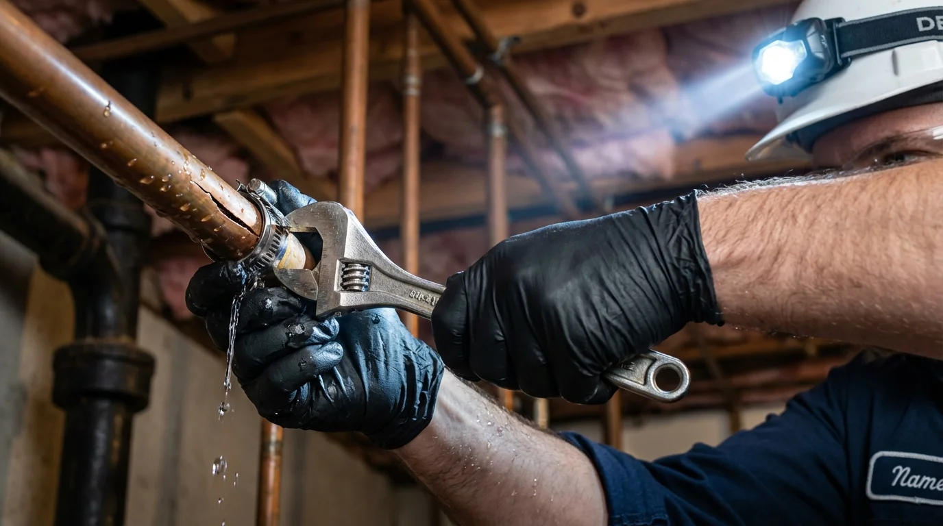 Emergency pipe clamp repair being performed by a Johns Plumbing LLC plumber in South Berwick
