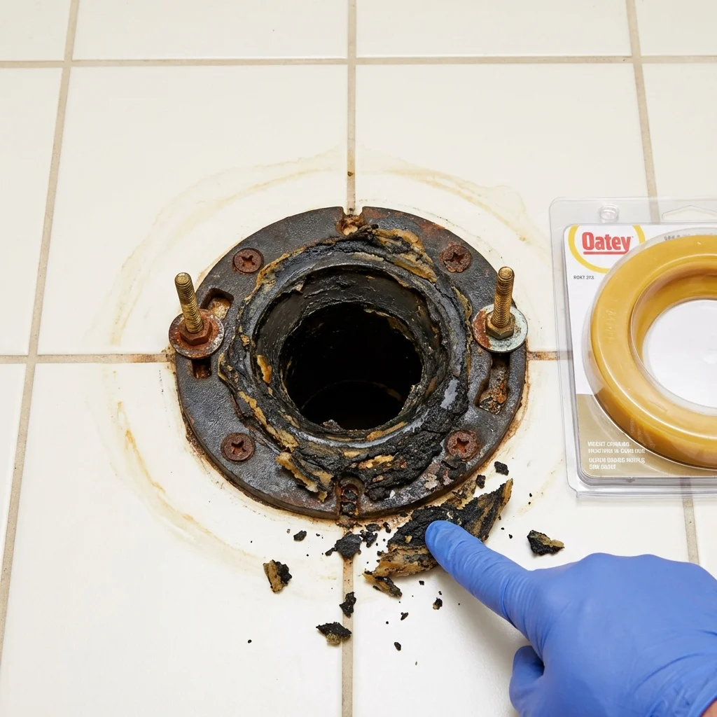 Failed wax ring showing water seepage at the base of a toilet in a South Berwick, ME home