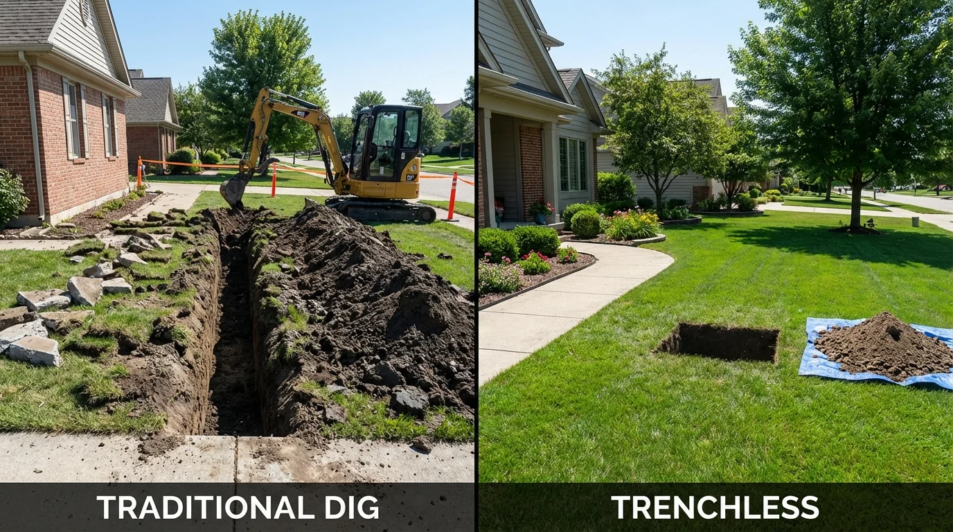 Trenchless sewer repair with minimal yard damage versus traditional excavation in South Berwick, ME