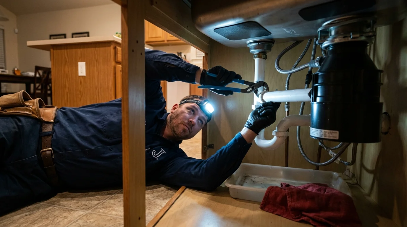 P-trap and supply line connections under a kitchen sink showing a common leak point in South Berwick, ME